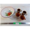 Image 1 : enamel bowl + (2) ceramic cups + (2) plastic cups