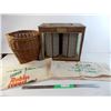 *Robin Hood flour sacks + wicker basket + vintage lighter display
