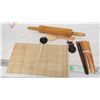 Image 1 : set of wood chopsticks, wood rolling pan, placemats