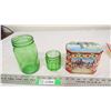 Image 1 : 2 Green glass jars + settler tin