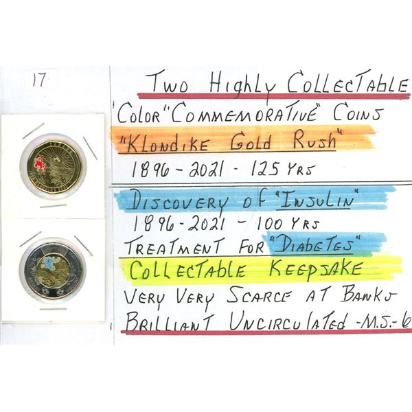 Two 2021 Colour Commemorative Coins - Klondike Gold Rush Loonie, Insulin Discovery Anniversary Tooni
