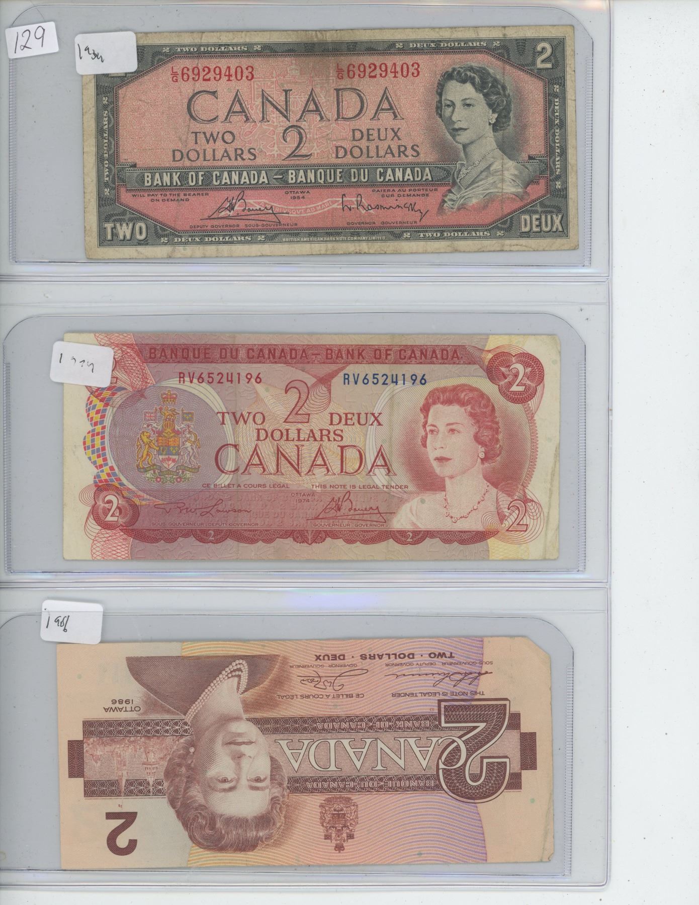 3 Canada Bank Notes - $2 1954, $2 1974, $2 1986