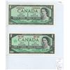 Image 1 : 2 Canada one dollar bills - 1967 & 1954 UF mint state bills