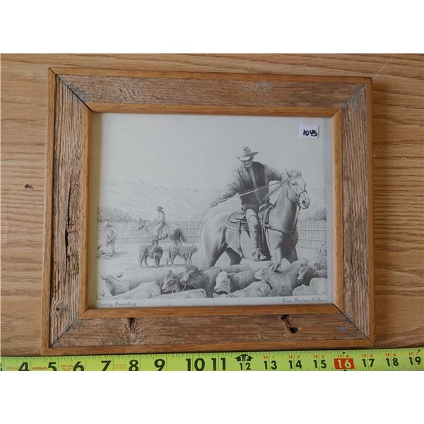Cattle Branding Scene Penvil Print in Barn Board by Kim Kuttan-selbee 13 X 11