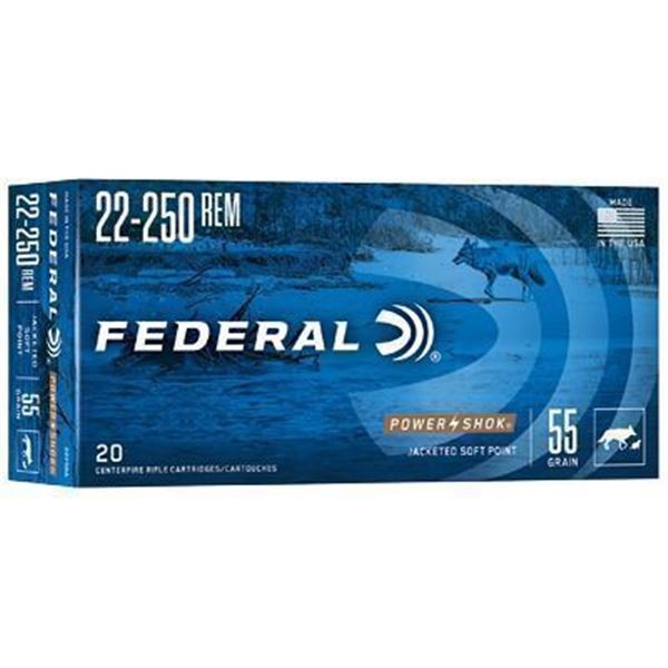 FED PWRSHK 22-250REM 55GR SP - 20 Rds