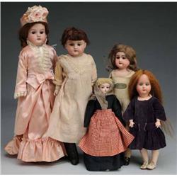 Lot of 5: German Bisque Dolls.