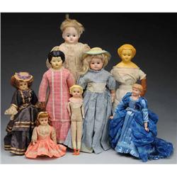 Lot of 8: Papier-Maché and Wax Dolls.