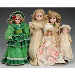 Lot of 5: German Bisque Dolls.