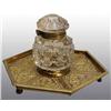 Image 1 : Cut Glass Inkwell on Brass Base.