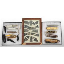 Lot of 16: Pocket Knives & Indian Arrowheads.