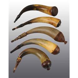 Lot of 5: Antique Screw Tip Powder Horns.