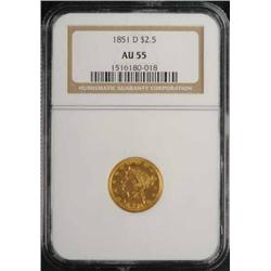 1851-D Coronet Gold Eagle $2 ½ AU 55.
