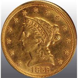 1858 Coronet Gold Eagle $2 ½ AU 53.