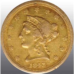 1843-O Small Date Coronet Gold Eagle $2 ½ AU 53.