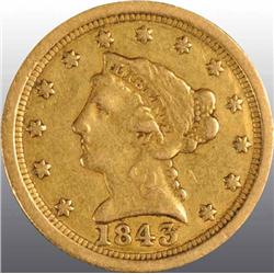 1843-O Large Date Coronet Gold Eagle $2 ½ VF 25.
