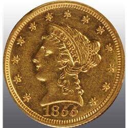 1855 Coronet Gold Eagle $2 ½ AU 55.