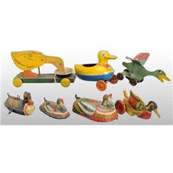Lot of 7: Tin & Wooden Duck Toys.