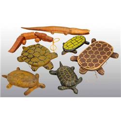 Lot of 7: Wooden Animal Pull Toys.