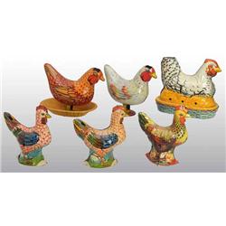 Lot of 6: Tin Litho Rooster Toys.