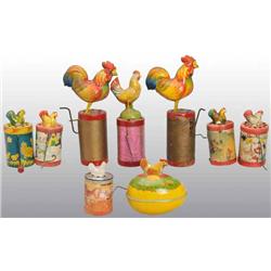 Lot of 9: Cardboard & Tin Rooster Crank-Type Toys.