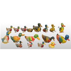 Lot of 17: Tin Litho Duck Friction & Wind-Up Toys.