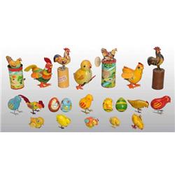 Lot of 21: Tin Litho Rooster & Chick Toys.
