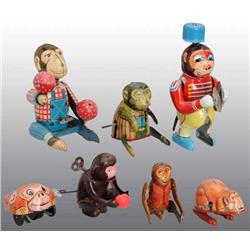 Lot of 7: Tin Litho Monkey Wind-Up Toys.
