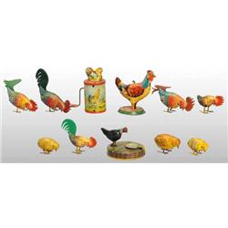 Lot of 11: Tin Litho Rooster & Chick Toys.