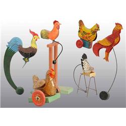 Lot of 6: Tin & Wooden Rooster Toys.