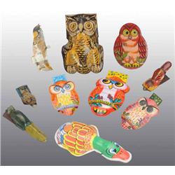 Lot of 10: Tin Litho Bird Clicker Toys.