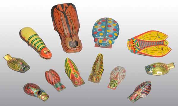 Lot of 12: Tin Litho Insect Clicker & Whistle Toys