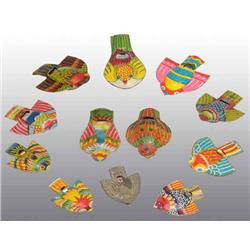 Lot of 12: Tin Flying Bird Whistle Toys.