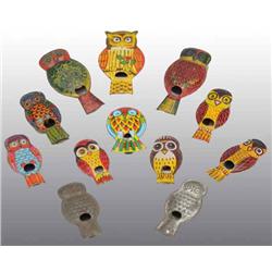 Lot of 12: Tin Litho Owl Whistles.