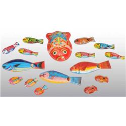 Lot of 15: Tin Litho Fish Whistle Toys.
