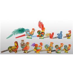 Lot of 11: Tin Litho Rooster Whistle Toys.