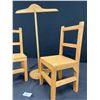 Image 2 : Two Wooden Child/Doll Chairs with Wooden Display Rack