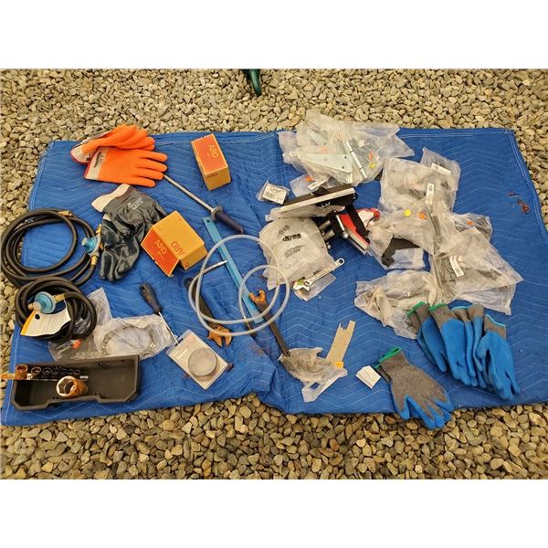 Large Lot of Misc Itmes, propan Hoses, Work Gloves, Decorative Hinges