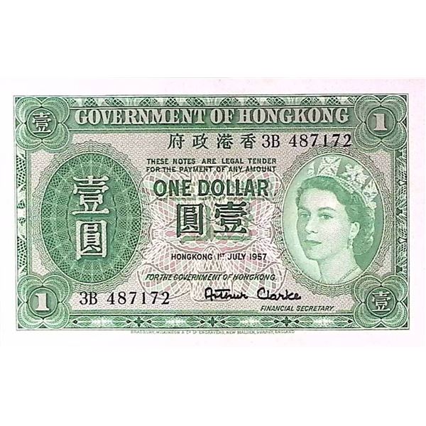 1957, Goverment of Hong Kong, 1 Dollar, 3B 487172, EF-AU Condition