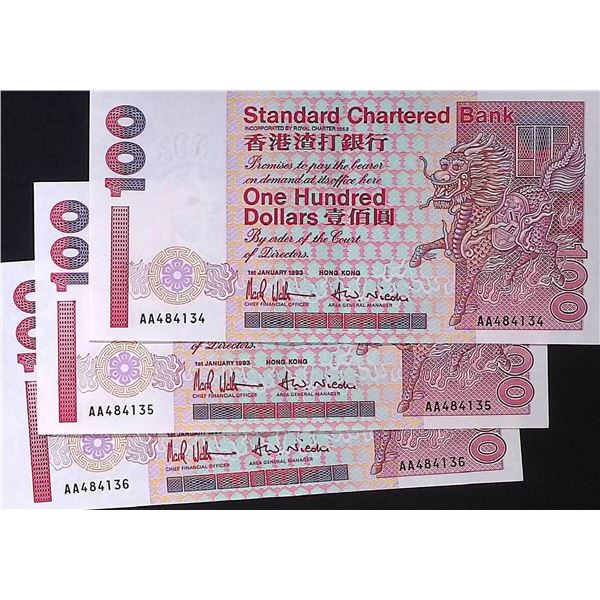 1993, Standard Chartered Bank, 100 Dollars, , 3 pcs of consecutive S/N with Prefix AA , AU condition