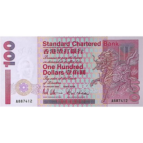 1993, Standard Chartered Bank, 100 Dollars, A Prefix, UNC condition