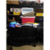 Image 1 : RUBBERMAID COOLER WITH SPORTING GOODS, UMBRELLAS AND BLEACHER SEAT
