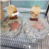 Image 1 : 2 STONE LEAFS SLABS WITH 2 CAST STATUES ON STANDS