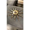 Image 1 : UNITED MID CENTURY BRASS WOOD AND LEATHER STARBURST WALL CLOCK