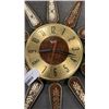 Image 2 : UNITED MID CENTURY BRASS WOOD AND LEATHER STARBURST WALL CLOCK