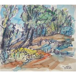 J. EISENSCHER Watercolor Israeli Cubism
