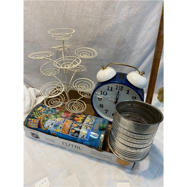 Sifter, cupcake holder, tin and clock