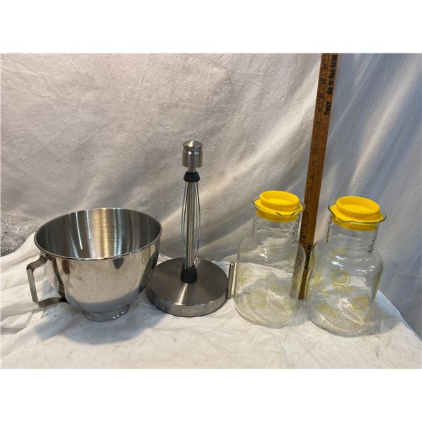 Glass juice containers, paper towel holder and KitchenAid bowl