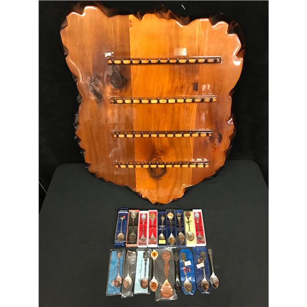 COLLECTOR SILVER PLATED SPOONS LOT w/ DISPLAY RACK