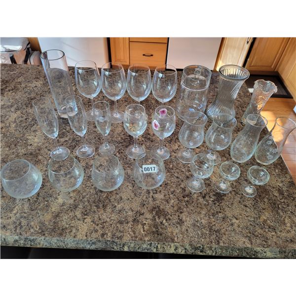 Various Glassware - Wine Glasses - Vases - Brandy Glasses - Champagne Flutes