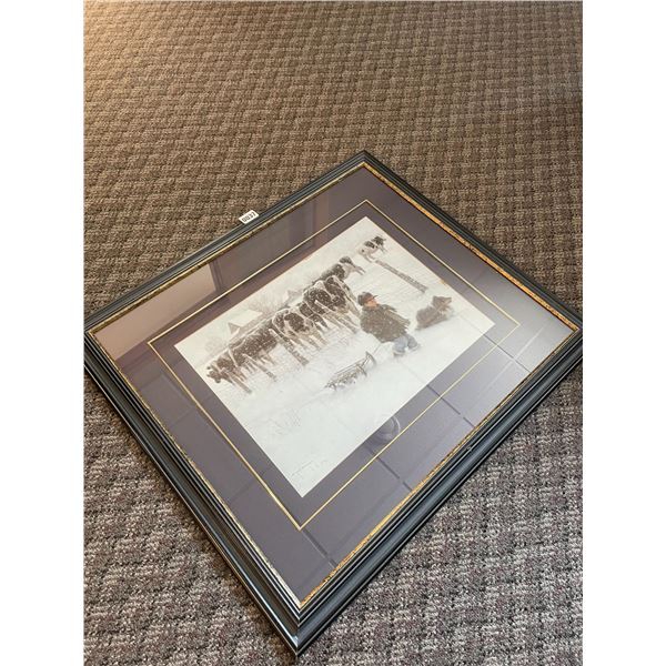 Robert Duncan Print of Boy Pulling Sleigh Curious Onlookers - 30.5"w x 26.5"h